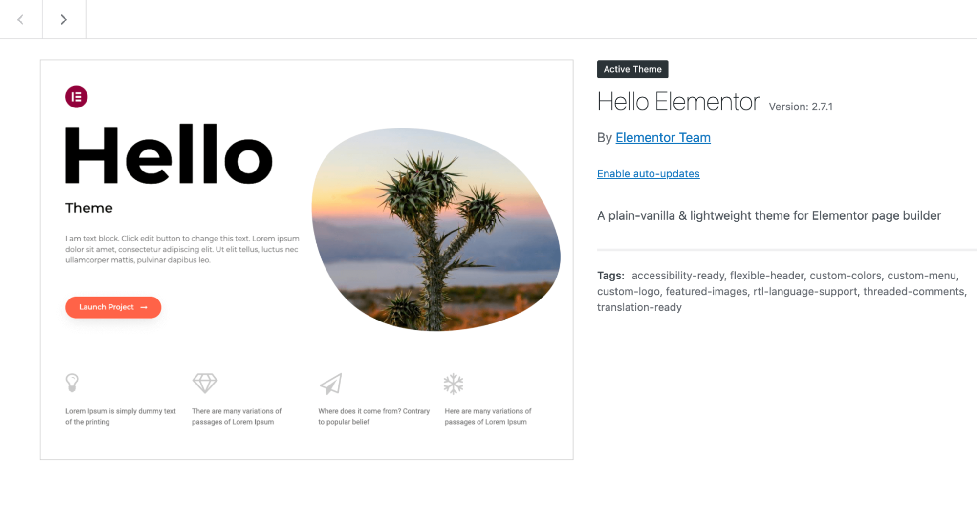 Active theme - Hello Elementor