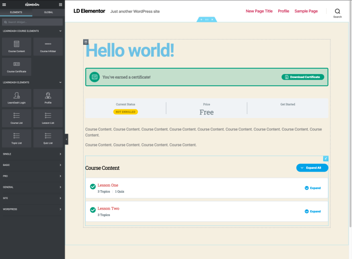 A preview of the LearnDash course template in Elementor