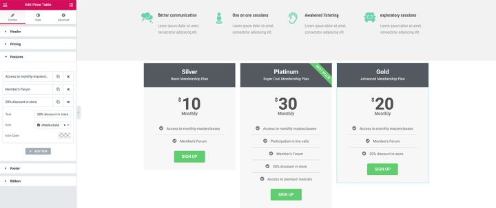 Pricing table How to Restrict Content on Elementor Sites 5