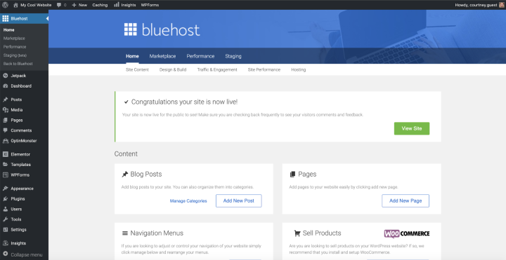 bluehost's deployment confirmation window