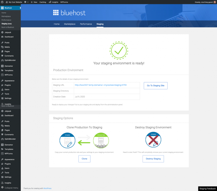 a screenshot of bluehost's staging environment