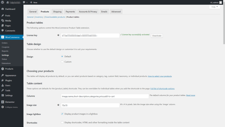 product table settings page How to Use WooCommerce Product Table With Elementor 11