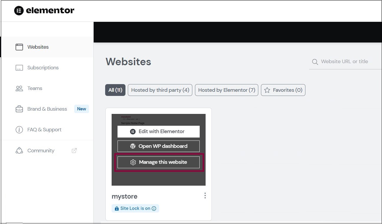 02a Select Manage this website Manage your Elementor Hosting backups 1