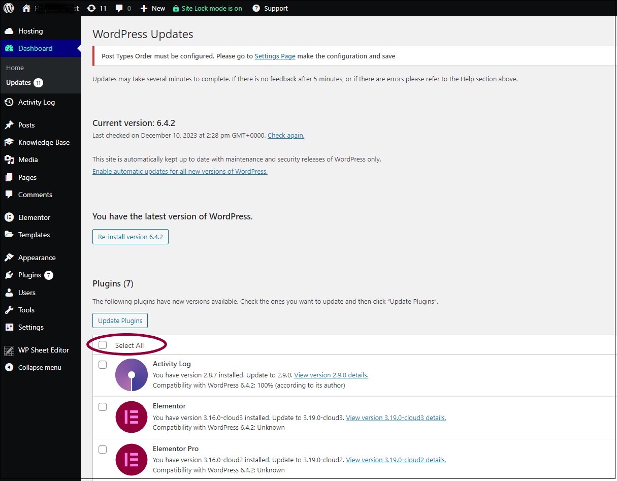 4 Click Select all or use Update WordPress and WordPress plugins 9