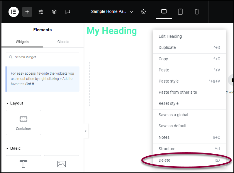 5 Clikc delete Delete elements from a page 15