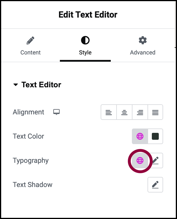 Click the typography globe icon Change font size, color, family & style in Elementor website builder 3