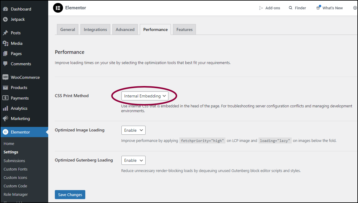 In CSS Print Method choose Internal Embedding Migrate non-Elementor content to your Elementor Hosting website 10