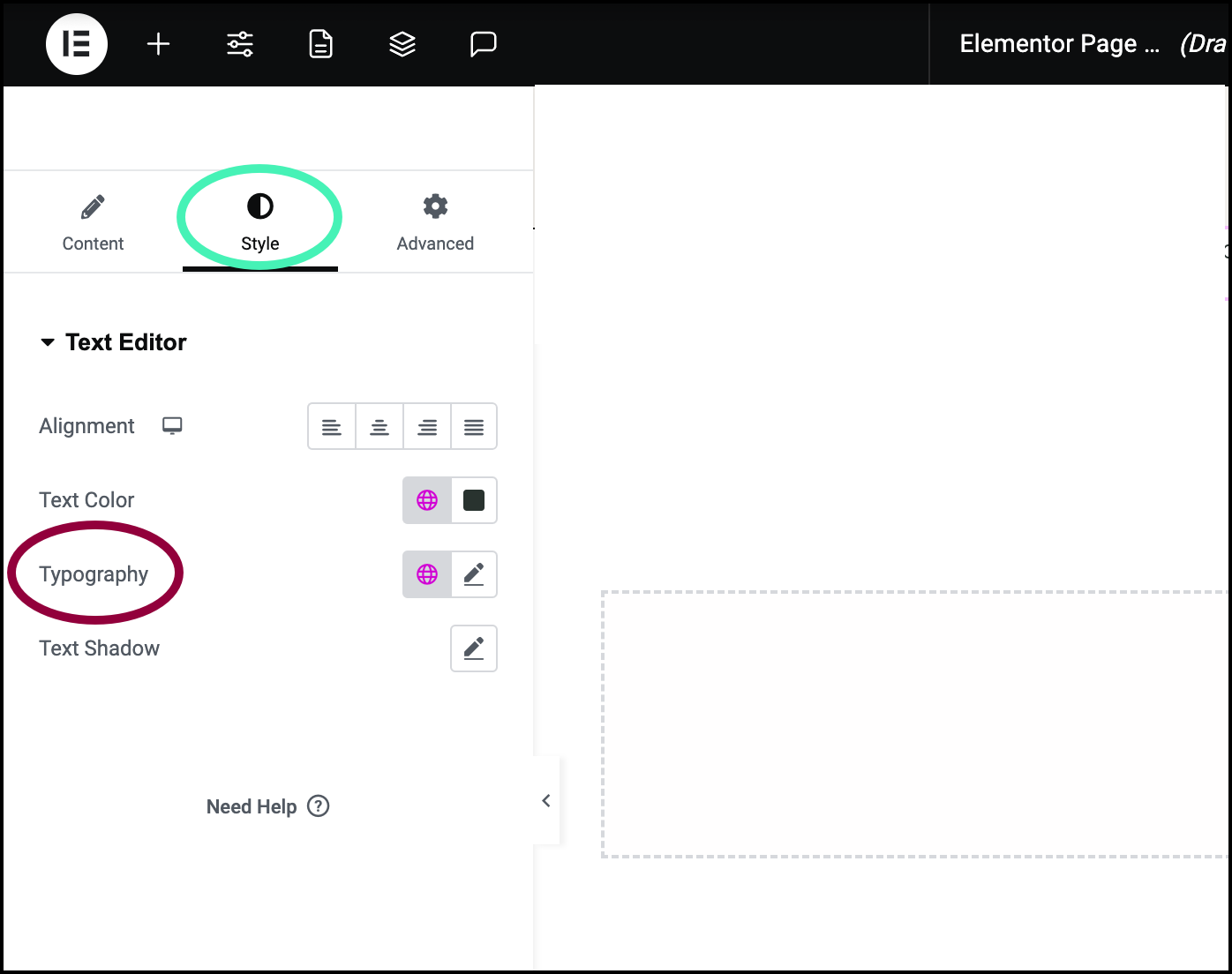 Locate the typography field Change font size, color, family & style in Elementor website builder 1