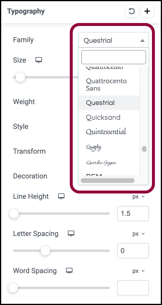 Use the famuly dropsdown menu to select what fiot type 1 Change font size, color, family & style in Elementor website builder 13