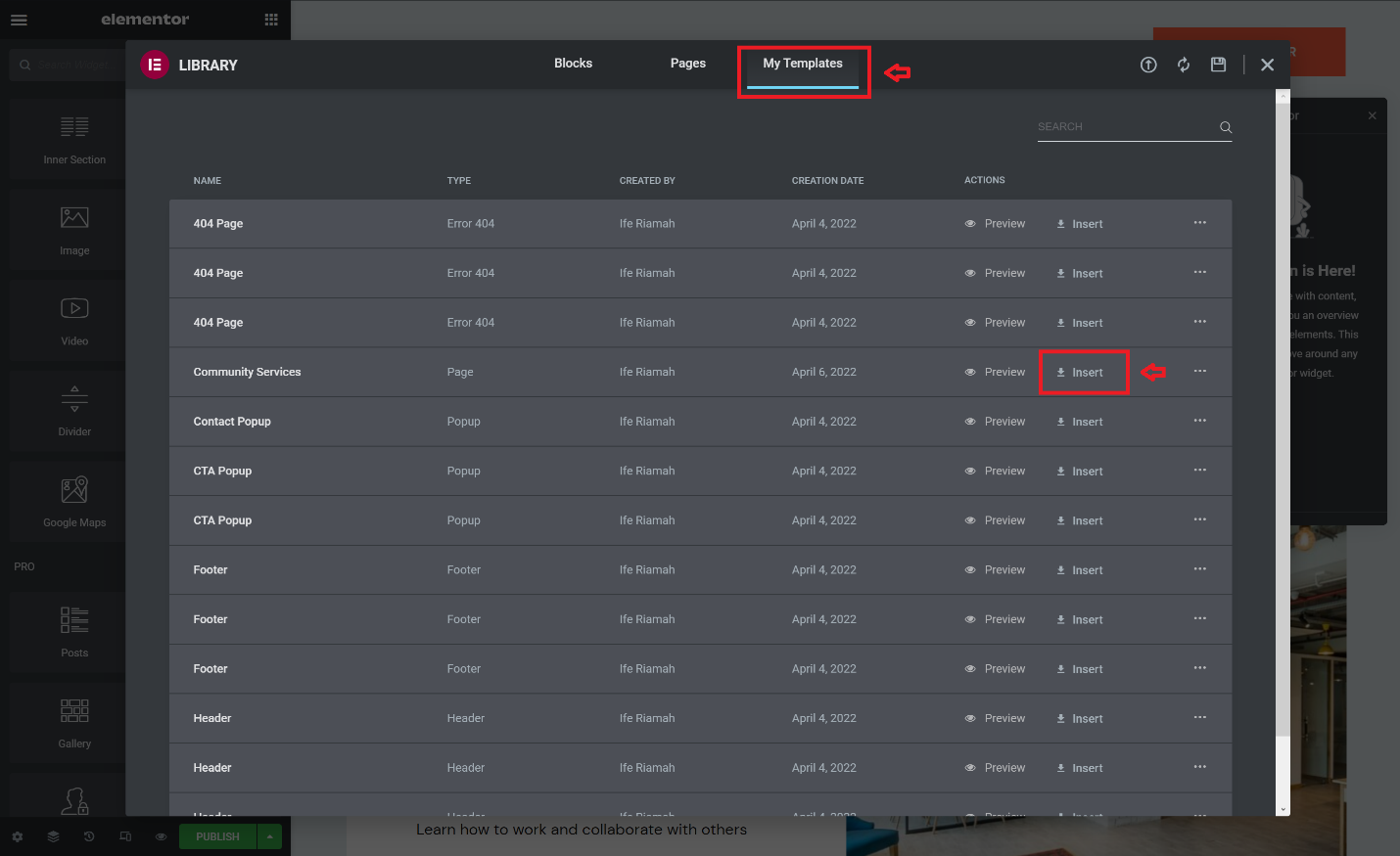 Screenshot of the Elementor Libary showing a list of pages. The "My Templates" and "Insert" button are highlighted in red.