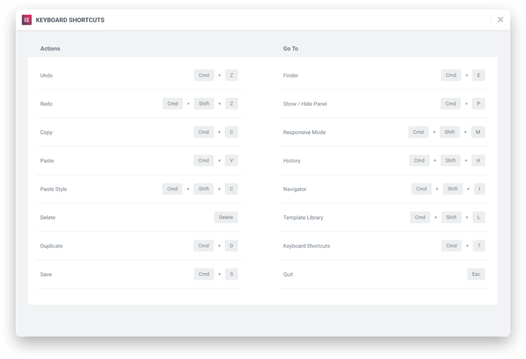Elementor 2.3 - Overview 2 keyboard-shortcuts
