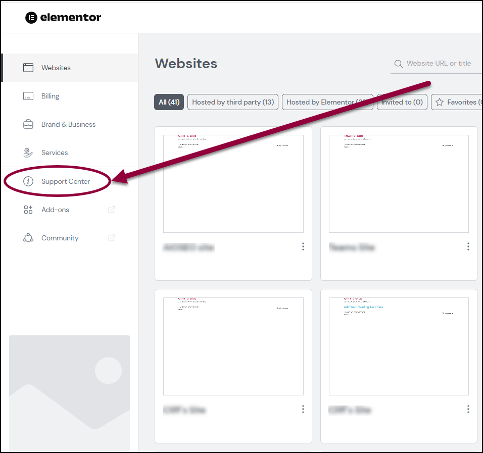From My Elementor click Support Center Contact Support 1
