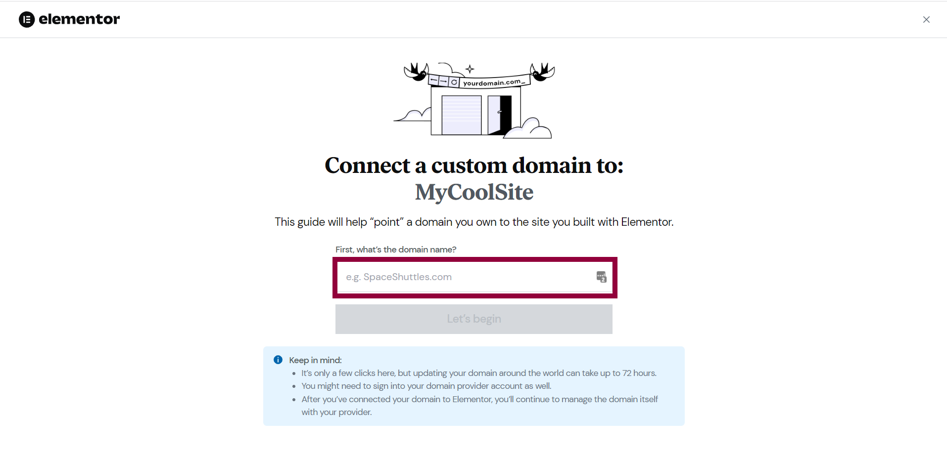 Adding a custom domain name to your Elementor hosted website 2 Window to enter your domain name