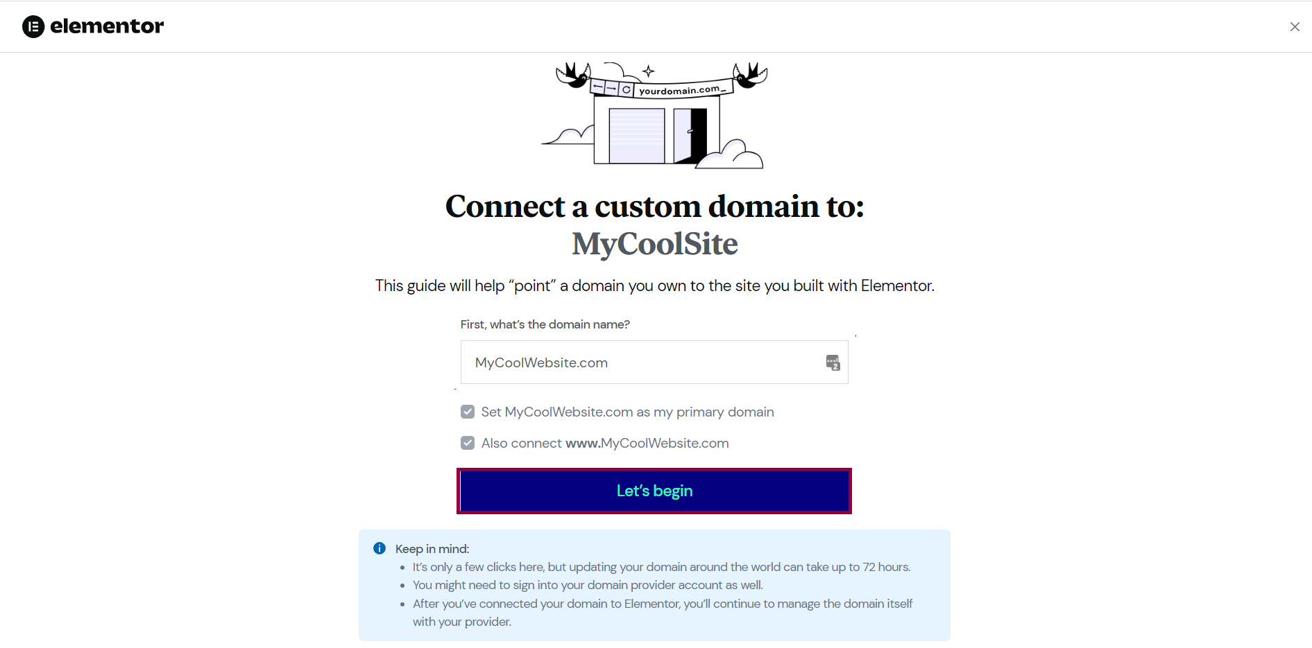 Adding a custom domain name to your Elementor hosted website 3 The connect domain window with "Let's Begin" outlined