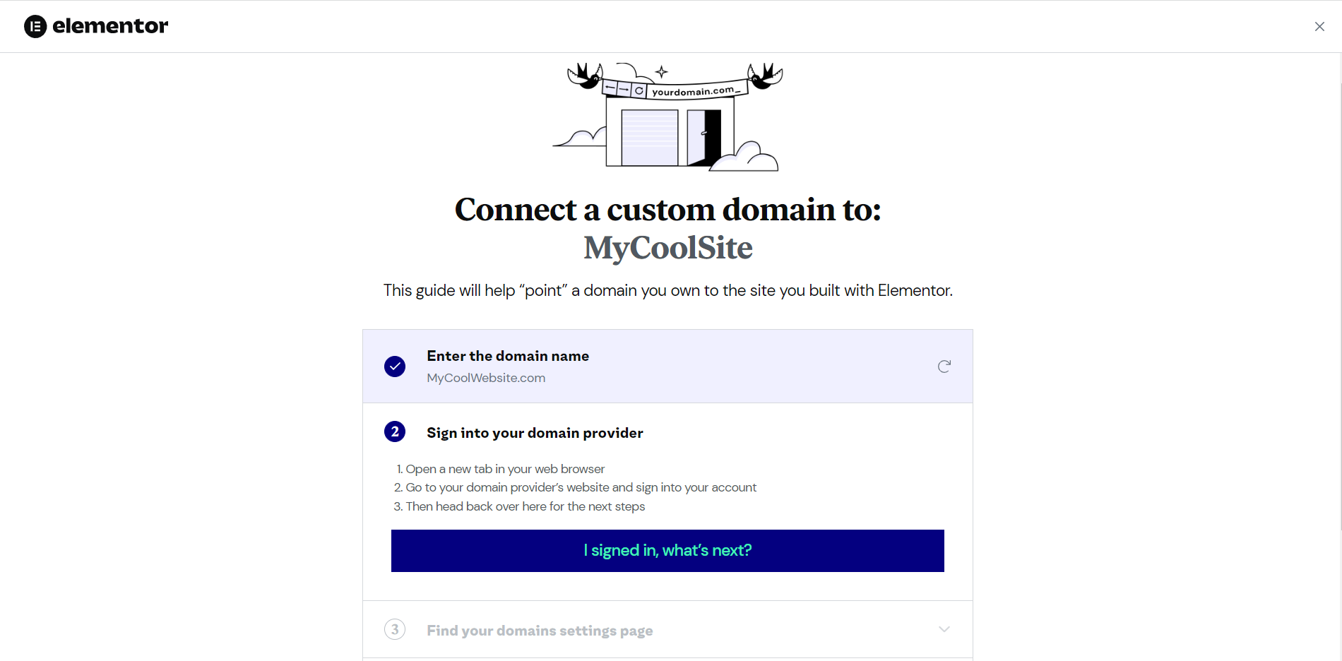 Adding a custom domain name to your Elementor hosted website 4 Window begining the procedure to point your domain to your Elementor site.