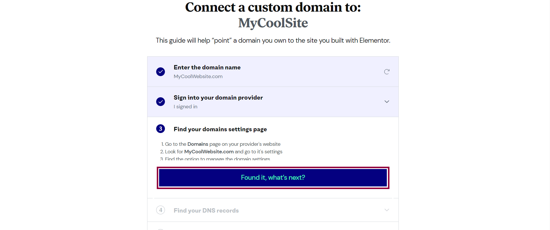 Adding a custom domain name to your Elementor hosted website 5 Connect domain window after finding the domains settings page of your provider