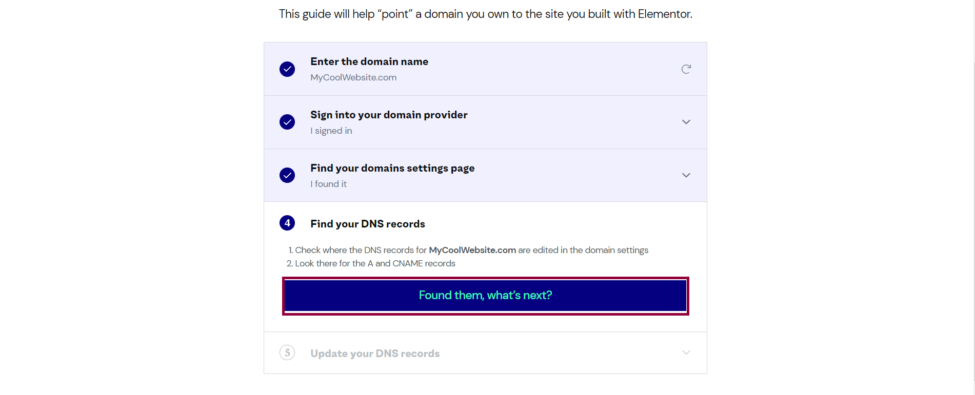 Adding a custom domain name to your Elementor hosted website 6 Domain Connect window after locating the A and CNAME records.