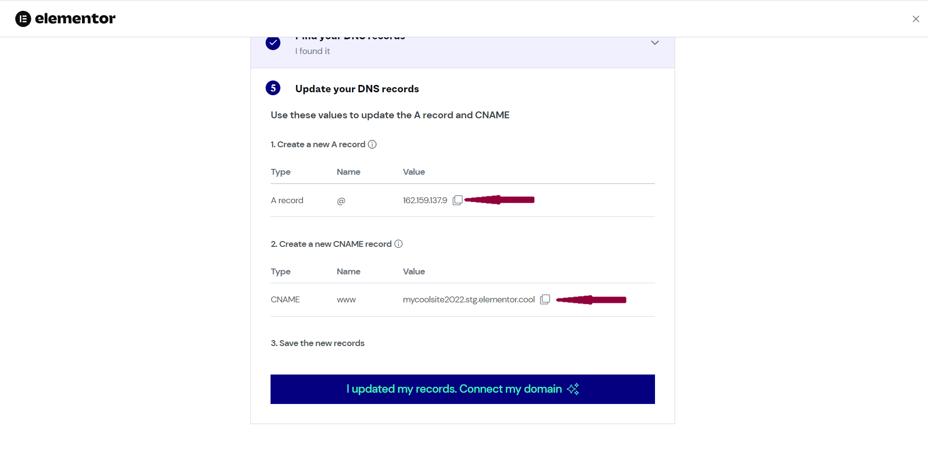 Adding a custom domain name to your Elementor hosted website 7 The icons used to copy the A and CNAME records