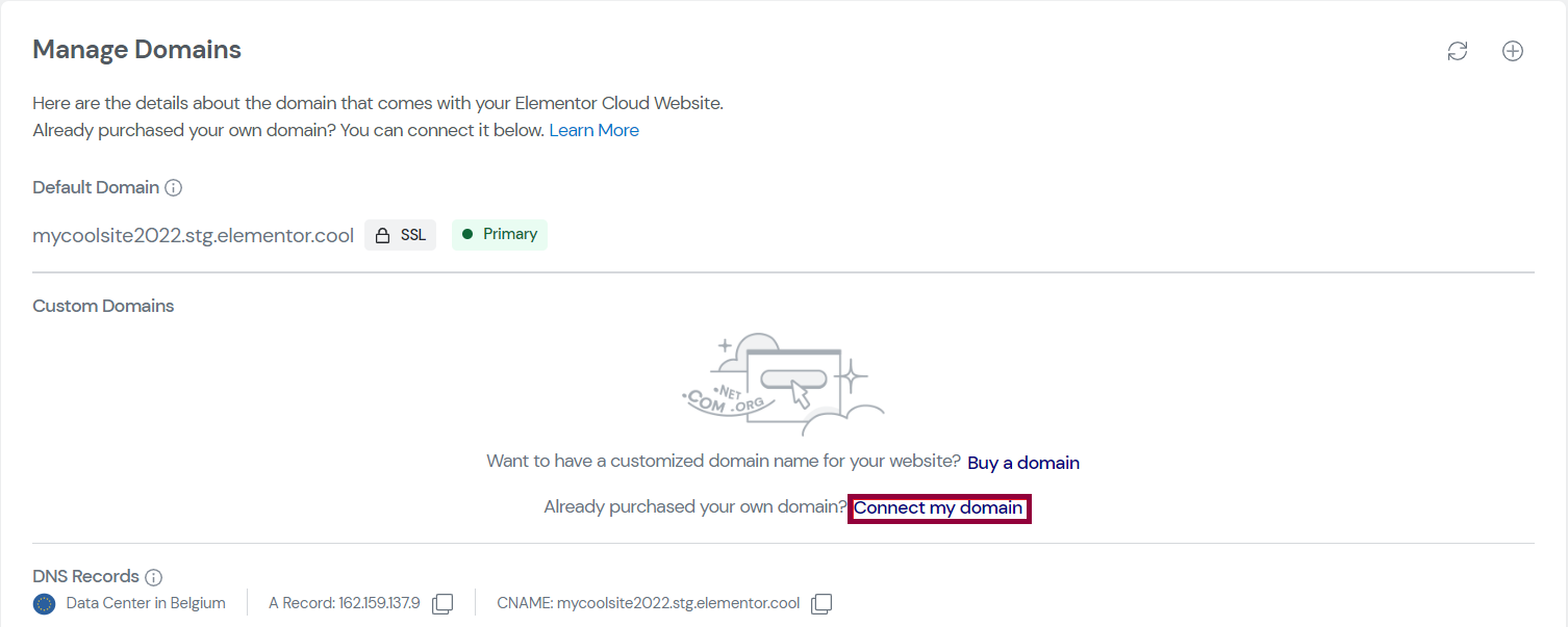 Adding a custom domain name to your Elementor hosted website 1 The connect domain screen