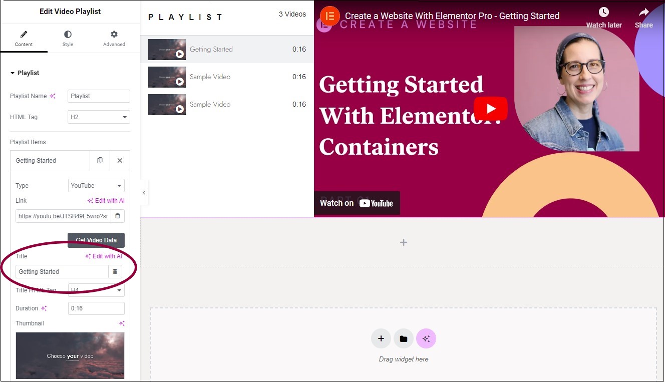 4 Rename the video Video Playlist widget 14