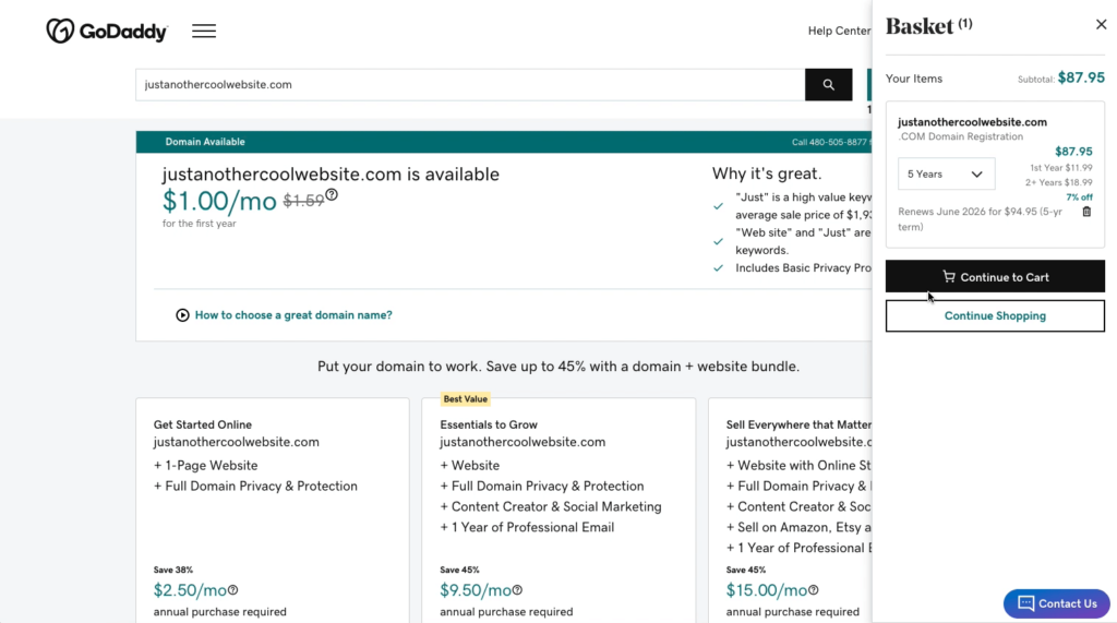 Buying Name Step Two Purchasing and registering a domain for an Elementor Host website 3