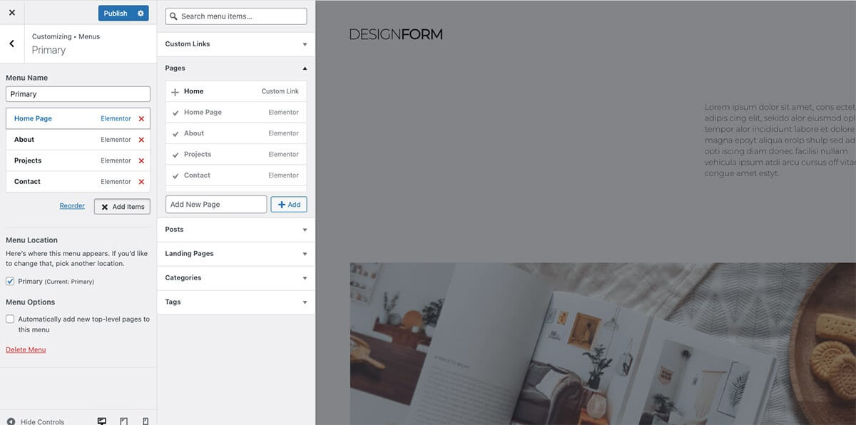 Pages Added Create a menu using the Customizer 9