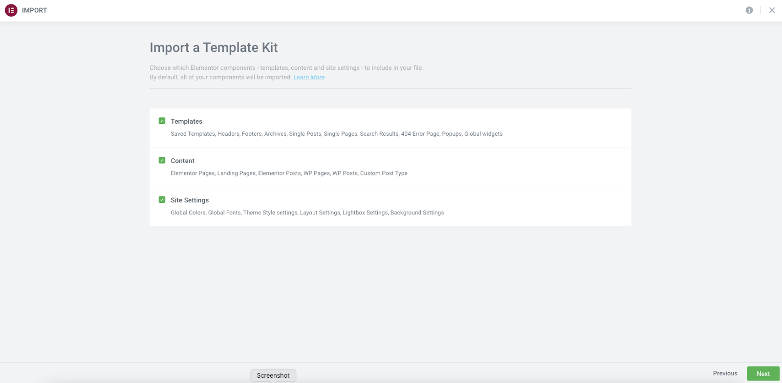 import kit step two Migrating an existing site to an Elementor hosted website 13