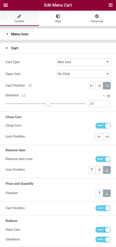 cart controls one Menu Cart widget 3