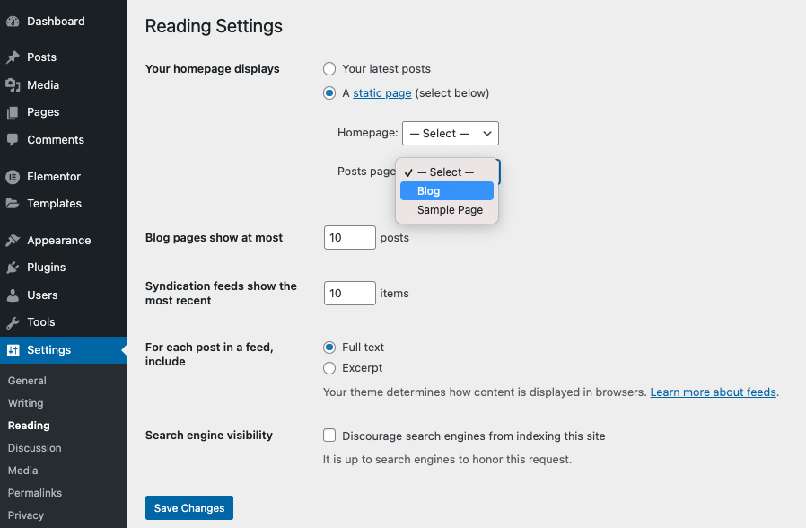 Reading Settings Create a blog website 15