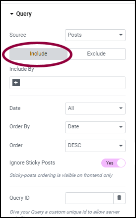 Leave as include Build a query with the loop grid 7