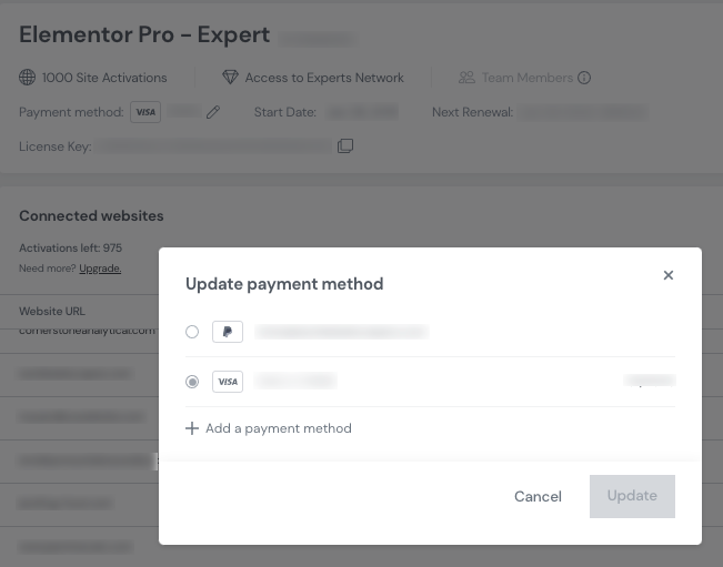 Elementor Dashboard > Left Panel > Subscriptions 4 Payment Method Elementor Dashboard > Left Panel > Subscriptions 3