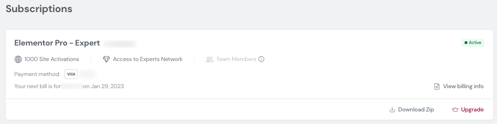 Elementor Dashboard > Left Panel > Subscriptions 2 Subscriptions Elementor Dashboard > Left Panel > Subscriptions 1