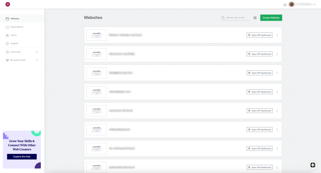 Elementor Dashboard > Left Panel > Websites 12 Websites List View Elementor Dashboard > Left Panel > Websites 11