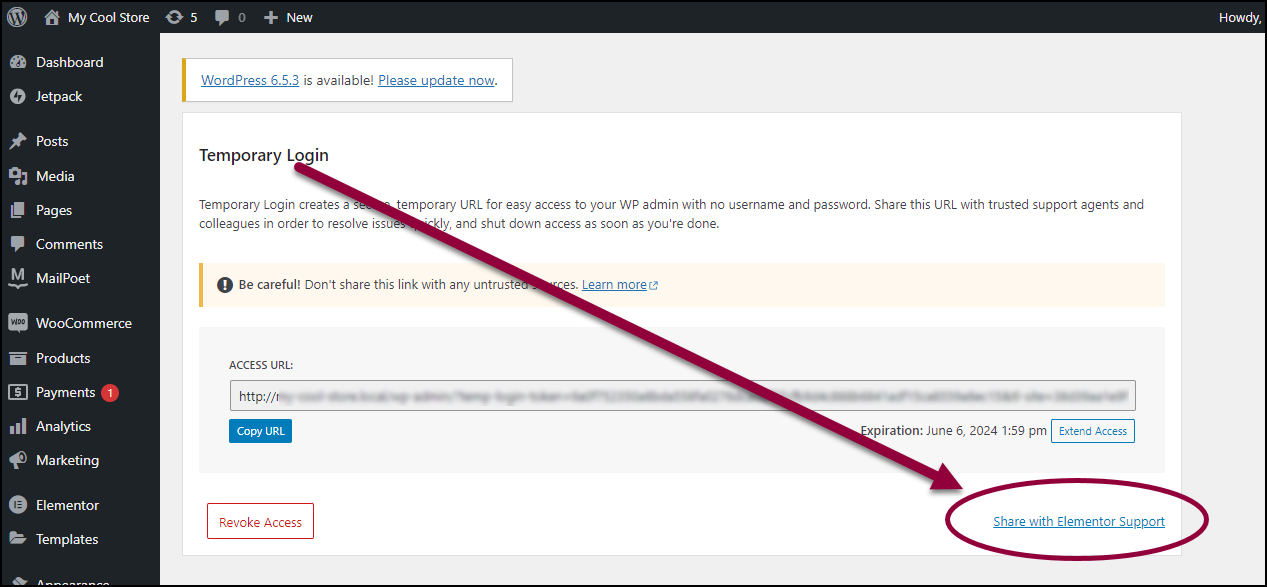 Click Share credentials with Elementor support How do I issue temporary credentials to support? 13