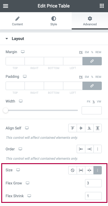 Locating The Size Property Widget Advanced Settings: Size 7