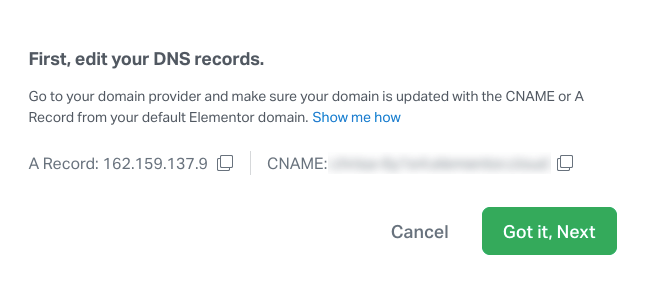 Connecting your Google domain name to an Elementor hosted website 7 Screenshot of the A Record and CNAME resolution details for a website in the edit your DNS records screen.