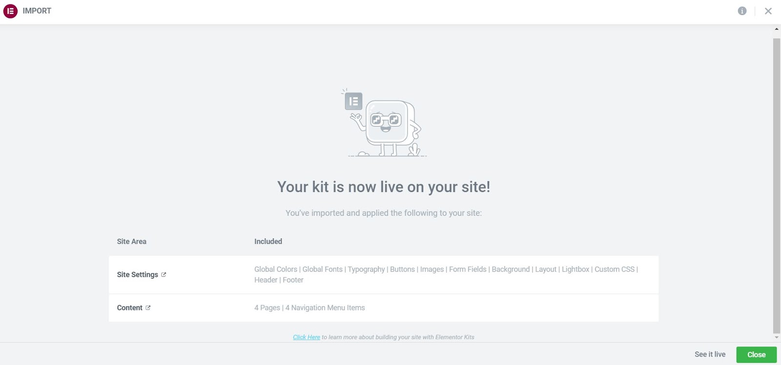 Screenshot of a screen showing the import was successful and provides useful information about what's been updated.