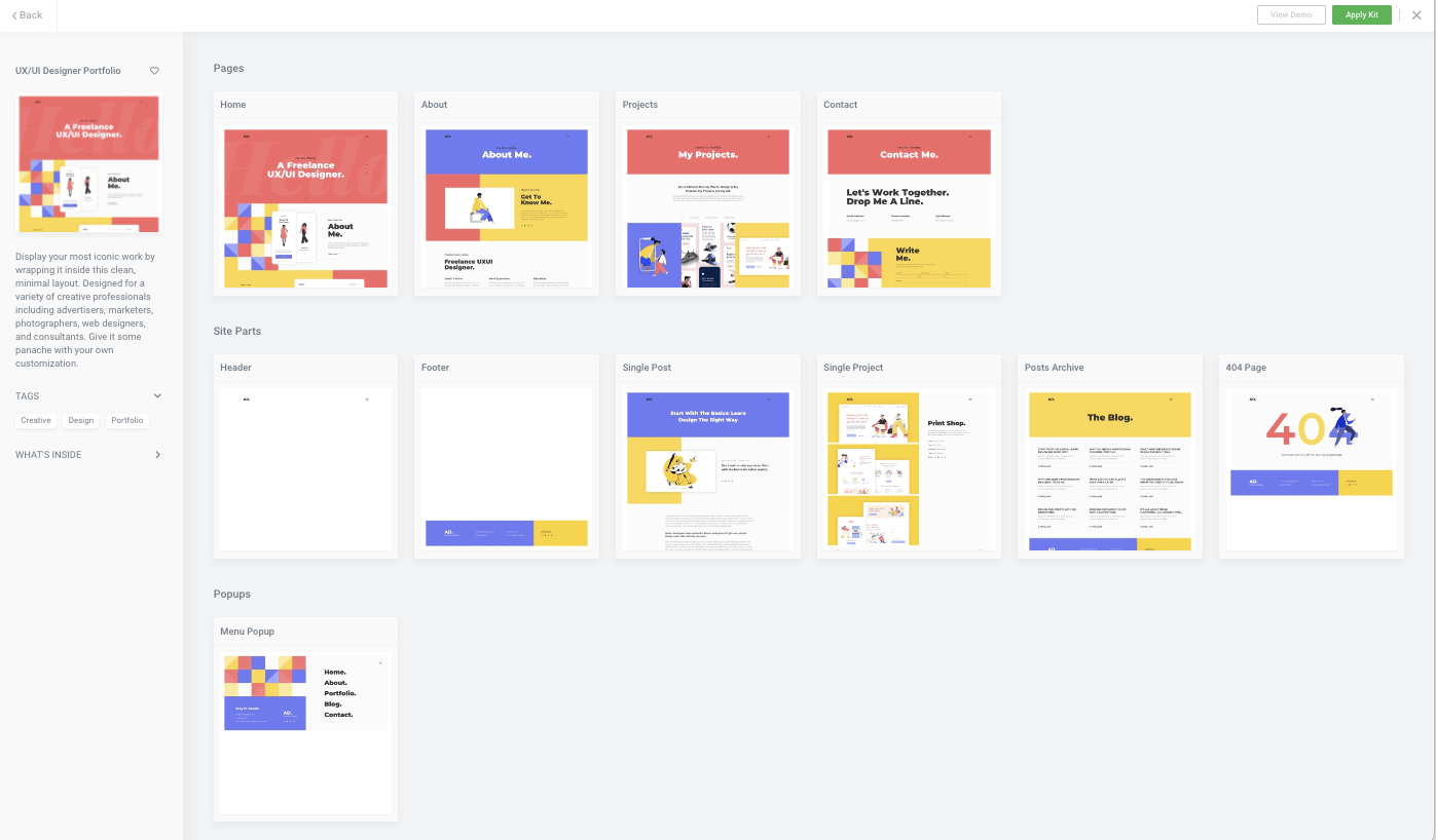 Why should I start with an Elementor website kit? 2 Screenshot of a website kit preview page highlighting page layouts.