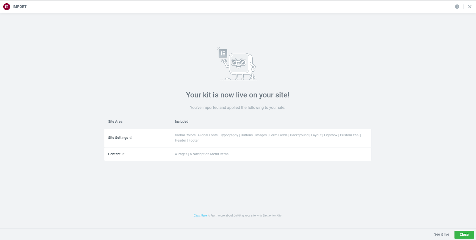 Screenshot of the website kit import wizard completion screen.