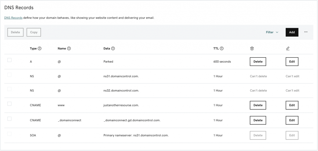 Adding a custom domain name to your Elementor hosted website 9 Example of a Parked Record
