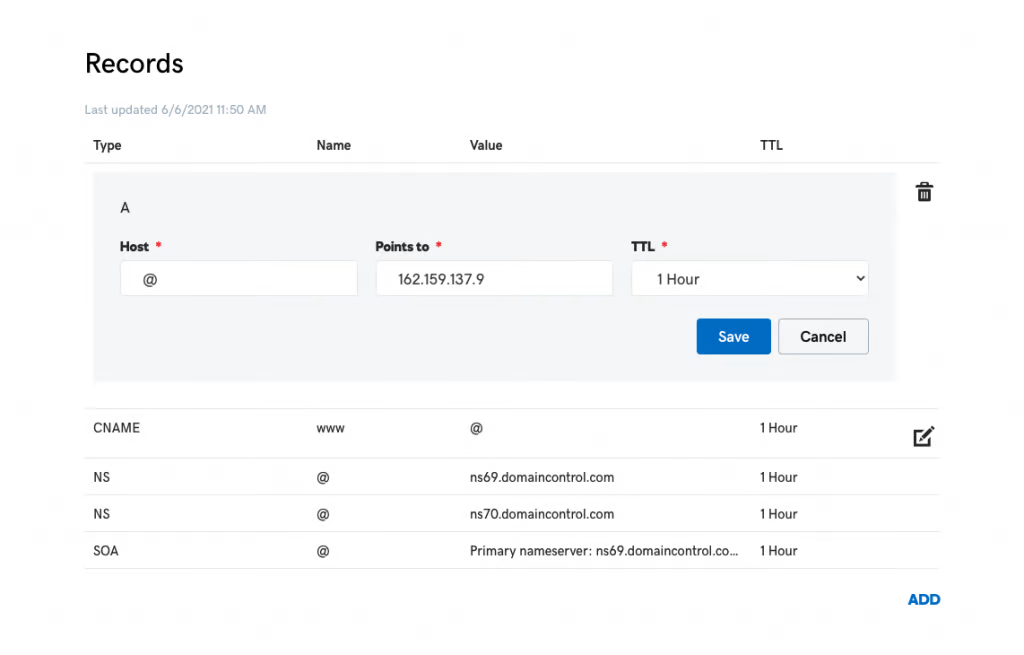 Adding a custom domain name to your Elementor hosted website 10 Example of adding an A Record