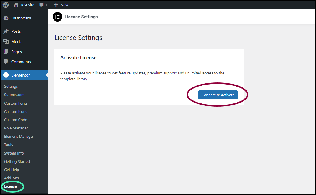 License setting activation Connect and activate your Elementor Pro license 3