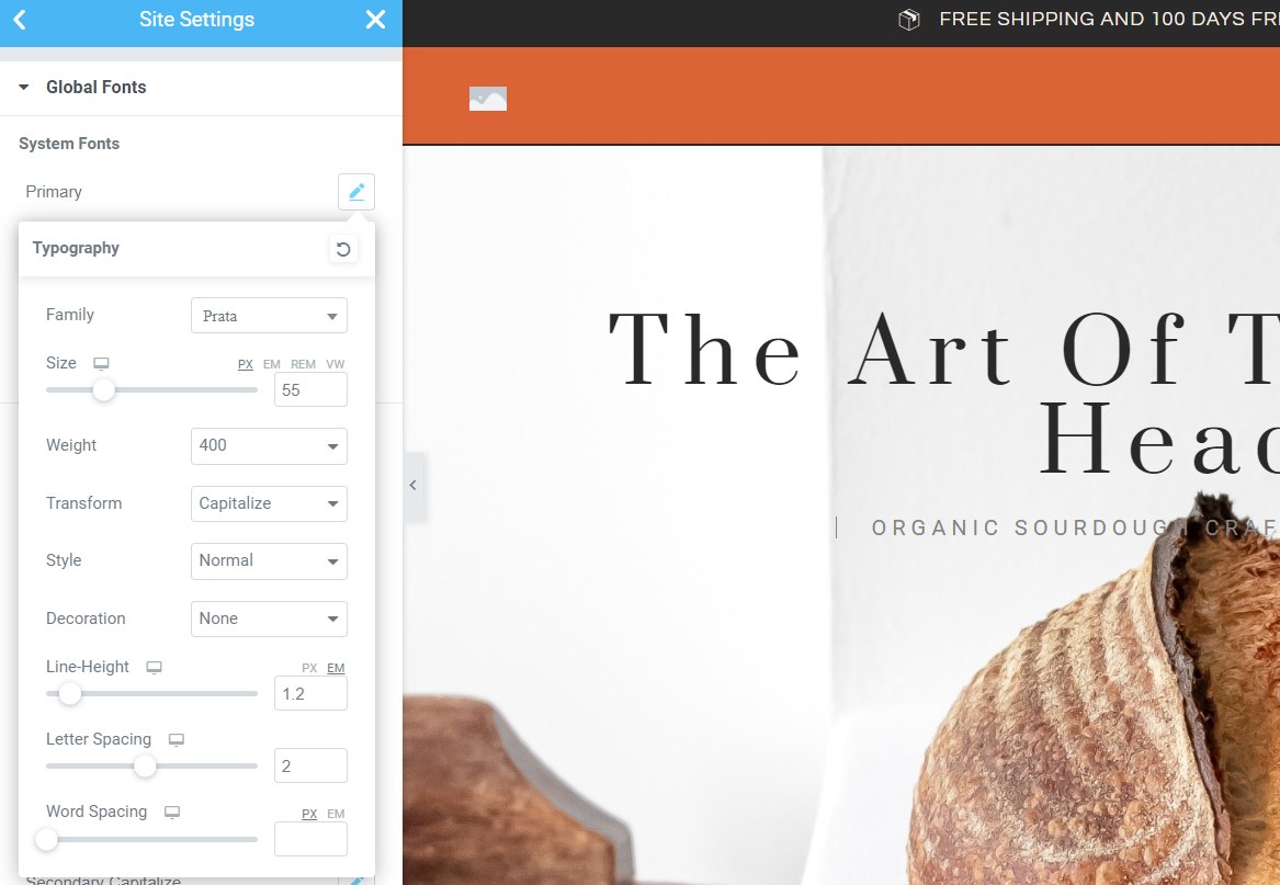 Screenshot of the Typography menu.
