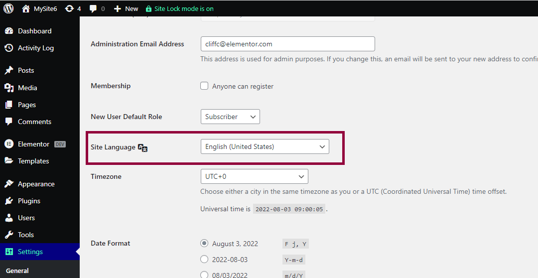 The WordPress Settings tab