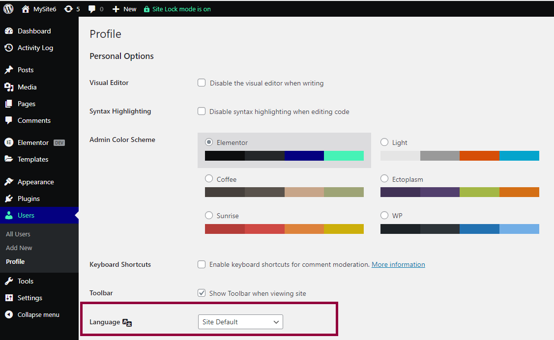 The WordPress User Profile screen