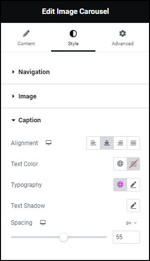 Style tab Caption Image Carousel widget 43