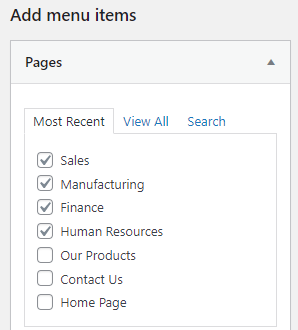 Using checkmarks to add pages to the menu