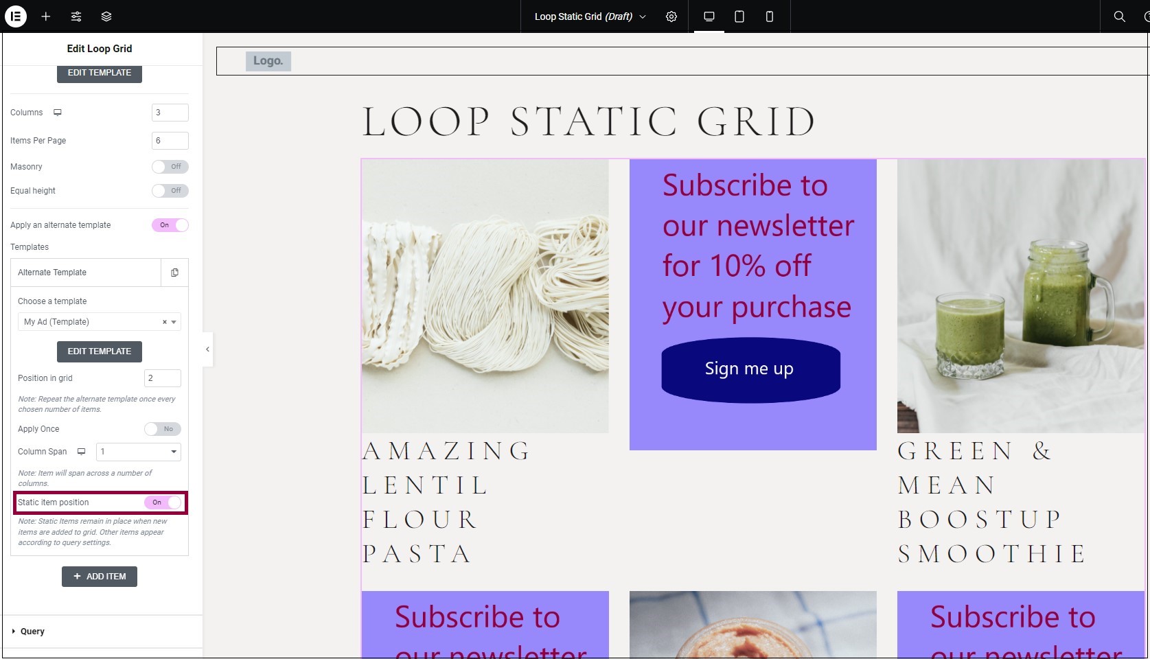04 Turn on Static item position Add an alternate template in a loop grid 39