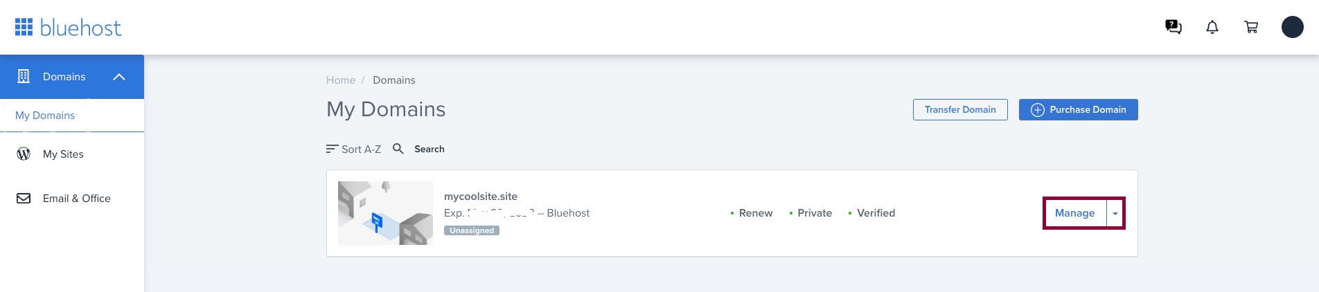 3 click manage Connect your Bluehost domain 13