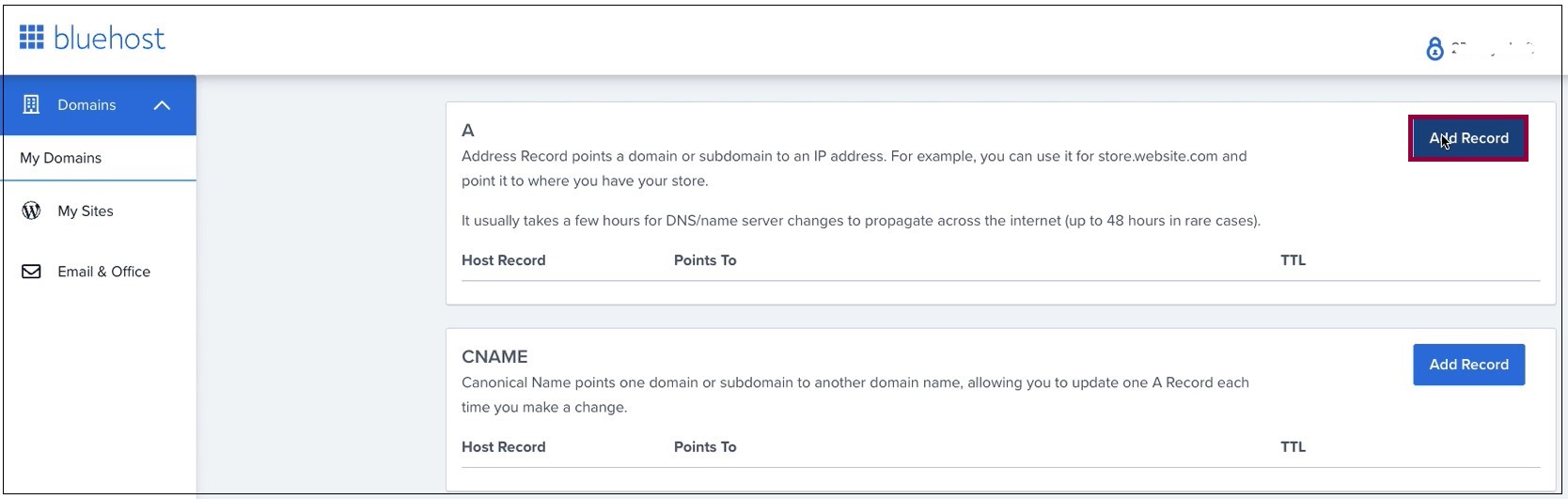 6 Select Add Record for A record Connect your Bluehost domain 23